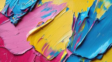 A vivid composition showcases thick layers of pink, blue, and yellow paint blending together. This artwork reflects creativity and artistic expression, capturing dynamic textures photo