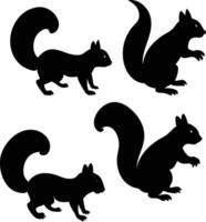 Silhouette Illustration Four Squirrels with Bushy Tails, Side Views on White Background vector