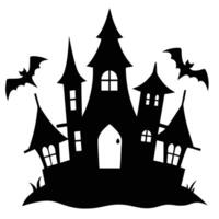 Spooky Silhouette Halloween Castle with Bats Flying Around on a White Background vector