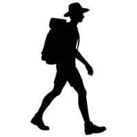 Silhouette of a Hiker Walking with Backpack and Hat on a White Background vector