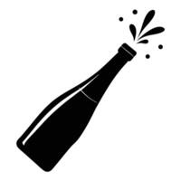 Black Silhouette of Sparkling Wine Bottle with Erupting Bubbles on White Background vector