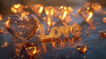A sparkling arrangement of golden hearts surrounds a shimmering love sign, creating an enchanting ambiance perfect for romantic occasions or celebrations. The warm glow adds an inviting touch photo