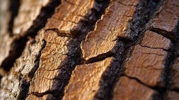 Close-up shot captures the intricate patterns and colors of tree bark in a forest. The sunlight reveals the textures and fissures, showcasing nature's beauty photo