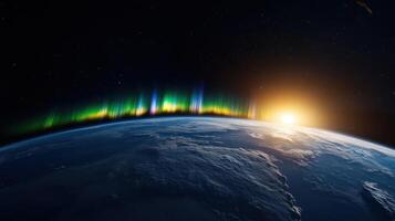 Vibrant auroras illuminate the Earth as the sun rises over the horizon, creating a breathtaking display of colors visible from space, showcasing the beauty of our planet photo