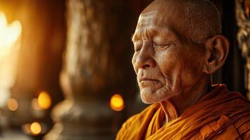 An old monk is sitting in a temple photo