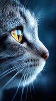 A cat with yellow eyes looking up photo