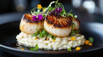 A plate of scallops on top of rice photo