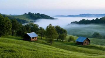 Early morning mist blankets rolling hills where two rustic cabins sit peacefully. The lush green grass and trees create a tranquil atmosphere, inviting exploration photo
