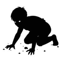 Silhouette of Crawling Child with Glowing Eyes on a Surface with Debris vector