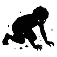 Dark Silhouette of Crawling Creature with Glowing Eyes and Debris Around It vector