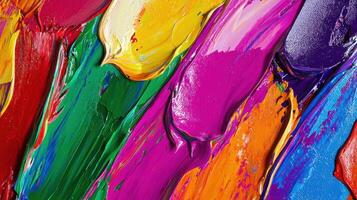 Vivid strokes of paint in colors like yellow, pink, and green converge on the canvas, showcasing an expressive abstract technique created in a bright art studio filled with inspiration photo