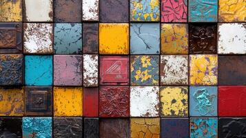 A wall made of old tiles with a variety of colors and patterns photo
