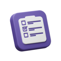 3d render of a purple clipboard with a checklist featuring one completed task and remaining blank options png
