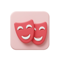 Playful illustration of two red smiling theater masks representing comedy and joy on a pink background. png