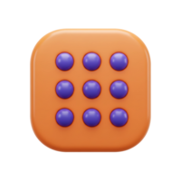 3d rendered icon depicting a rounded square with nine purple buttons in a modern style png