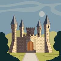 fairytale castle kingdom landscaped illustration graphic design . old medieval building stone architecture at nature concept for fantasy palace tower vector