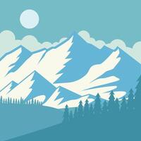 snow mountain landscaped illustration template graphic design . forest river and nature at winter view sign or symbol for adventure and wanderlust travel business vector