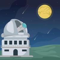 Space observatory landscaped illustration graphic design , astronomical building in nature view with full moon and meteor concept for science idea knowledge vector