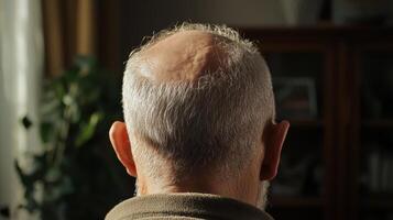 A man with a bald head is sitting in a room photo