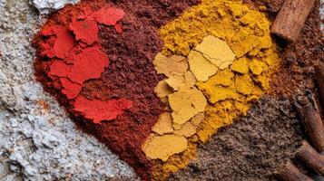 Heart shaped spices and spices on a table photo
