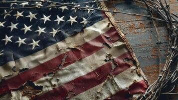A torn and tattered American flag is surrounded by barbed wire photo