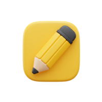 3d rendered illustration of a yellow pencil icon in a rounded square shape perfect for app or website design. png