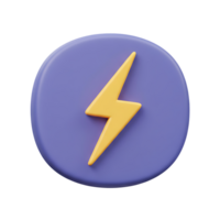 Three dimensional rendering of a yellow lightning bolt icon centered on a purple circle to symbolize power and energy. png