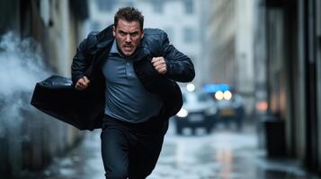 A man running through a city street with smoke coming out of his jacket photo