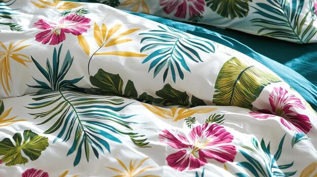 un hermosamente diseñado lecho conjunto presentando vibrante tropical flores y hojas cubre un cama, agregando un animado toque a el habitación. el vistoso patrones crear un alegre atmósfera foto