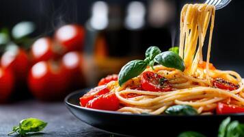 Italian food with pasta and tomatoes on a black background photo