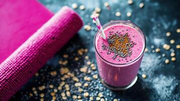 A vibrant berry smoothie topped with chia seeds is placed next to a yoga mat. This healthy drink is perfect for recovery after an energetic workout session photo