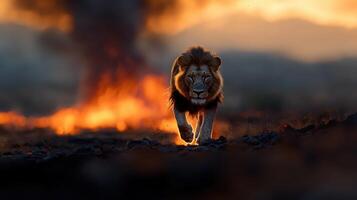 A lion walking through a field with a fire in the background photo