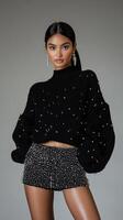 A model in a black sweater and shorts photo