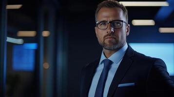 A man in a suit and glasses standing in front of a screen photo