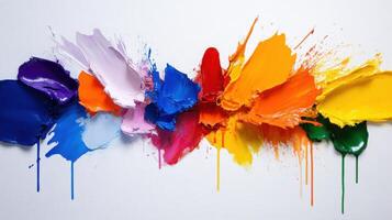 Vivid splashes of paint in various colors overlap on a white canvas, showcasing artistic expression and creativity in an airy, well-lit environment during daylight photo