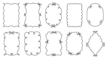 Hand drawn curly line frames. Doodle frame with bows, cute outline border shapes and decorative sketch frames with wavy, swirl and scalloped edges. Simple templates for girly label designs set vector
