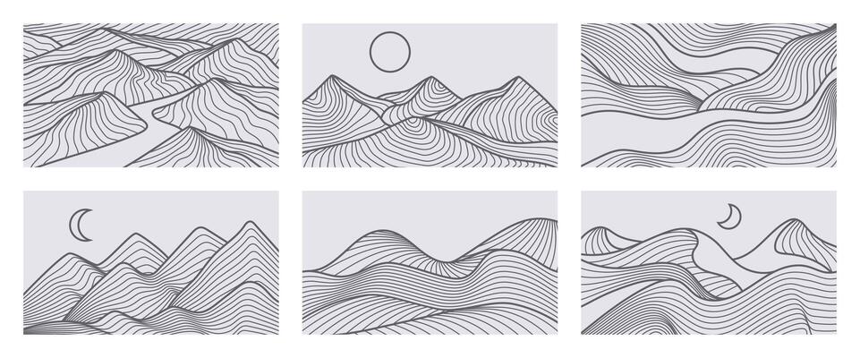 Line mountain landscape. Linear mountains peaks and hills, outline wavy pattern and river, sun and moon. Abstract Japanese wallpaper art. Contour drawing backgrounds