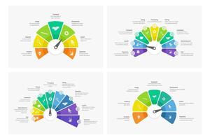 Gauge diagram infographic templates. Speedometer style business infographics with process stages and indicator pointer. Diagram, flowchart segmented meter. dashboards vector