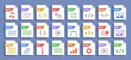 File format icons with various format labels PDF, JPG and MP3, HTML and ZIP, PHP and SVG, EPS and , . Symbols for file types with document extension. set vector