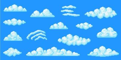 Pixel art clouds. 8 bit white cloud or smoke in blue sky. Retro 80s game landscape and weather pixelated elements. 16-bit cloudy retro scene. isolated set vector