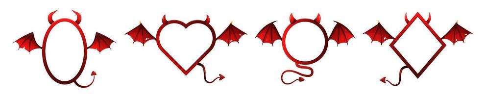 Halloween devil frames. Demon photo frame with red wings, tail and horns. Diamond, circle and oval, heart shape borders. Evil symbol for Halloween greeting card. set vector