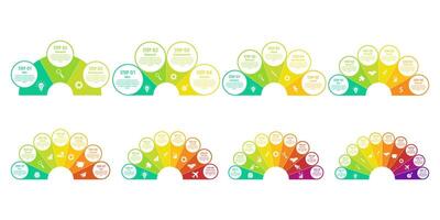 Fan infographic templates. Semicircle diagram, peacock tail chart. Color half-circle fan infographics with multi-step business startup process, teamwork workflow. set vector