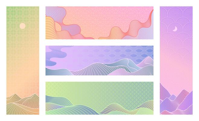 Line art landscape. Minimal mountains and hills with traditional Asian pattern and pastel gradient banner templates in Japanese, Chinese and Korean retro style