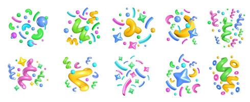 Party confetti. 3D Glossy color cartoon realistic serpentine ribbon, blobs, confetti and stars, spirals for birthday party invitation and gift card. isolated set vector