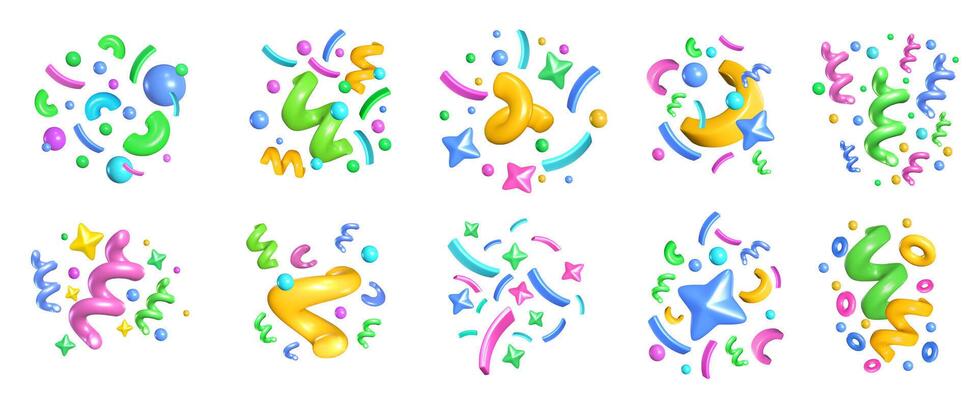 Party confetti. 3D Glossy color cartoon realistic serpentine ribbon, blobs, confetti and stars, spirals for birthday party invitation and gift card. isolated set