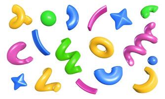 Party confetti 3d shapes. Glossy colorful abstract 3D blobs, confetti and stars, swirls. Modern 3D cartoon realistic render isolated set for birthday gift invitation vector