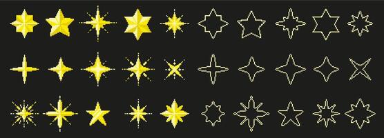 Pixel art stars. 8 bit sparkles, yellow golden shine star, space twinkle pixel game magic elements. Rating, ranking and level symbols. Spark effect pixelated UI icons vector