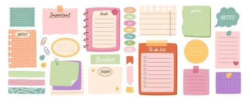 Daily planner elements. Notepad sheets, paper tag with day of week, washi tapes and memo stickers, to do list. Personal organizer, information and mood board set vector