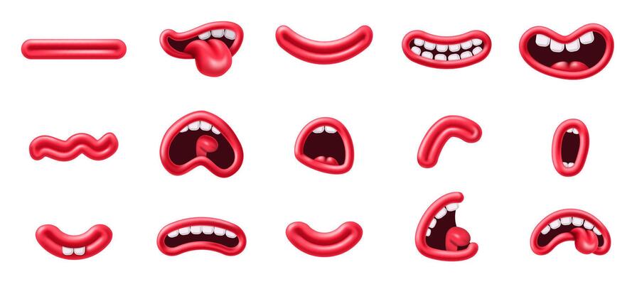 Cartoon mouth expressions. 3D character mouths, comic funny lips and plasticine smile. Talking, shouting and laughing mouth shapes with teeth and tongue isolated illustration set