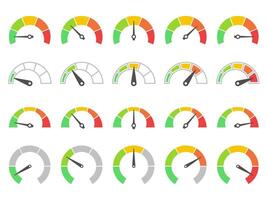 Speedometer gauge meter. Color dashboard gauge indicators of risk levels, range. UI analytics, credit score and speedometer, status tracking infographic chart. set vector